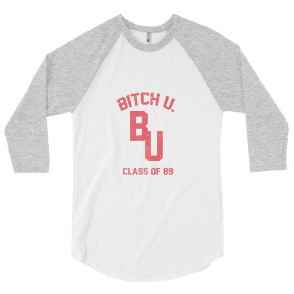 Classic "Bitch U. Class of 89'" Vintage 3/4 Sleeve Raglan Baseball Tee Shirt (Unisex) -  - White/Heather Grey / XS - srce threads - 4