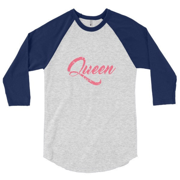 "Queen" Peach Vintage Calligraphy 3/4 Raglan Baseball Tee Shirt (Unisex) -  - Heather Grey/Navy / XS - srce threads - 17