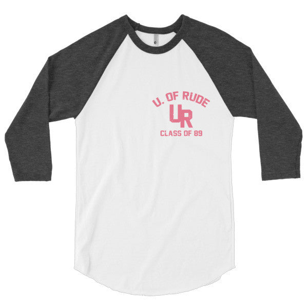 "U of Rude" 89 Vintage Collection 3/4 Sleeve Raglan Baseball Tee Shirt -  - White/Heather Black / XS - srce threads - 5