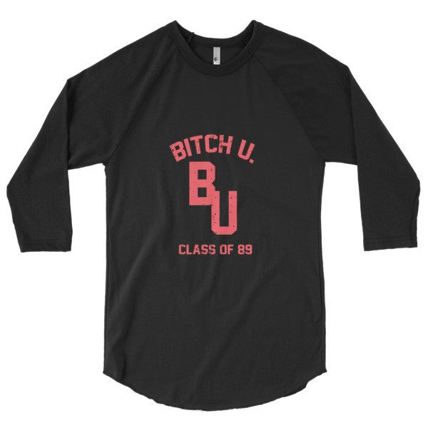 Classic "Bitch U. Class of 89'" Vintage 3/4 Sleeve Raglan Baseball Tee Shirt (Unisex) -  - Black/Black / XS - srce threads - 13