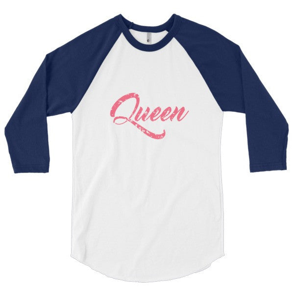 "Queen" Peach Vintage Calligraphy 3/4 Raglan Baseball Tee Shirt (Unisex) -  - White/Navy / XS - srce threads - 7