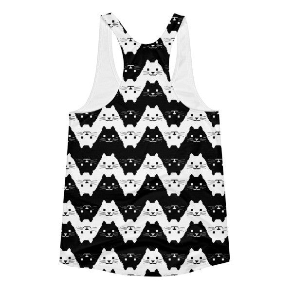 Women's Cat Black White Patterned Racerback Summer Tank -  -  - srce threads - 2