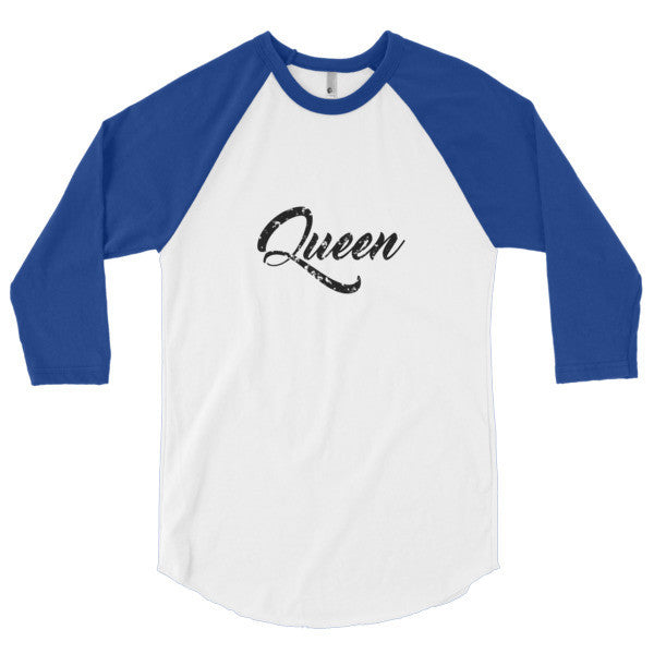"Queen" Black Vintage Calligraphy 3/4 Raglan Baseball Tee Shirt (Unisex) -  - White/Lapis / XS - srce threads - 7