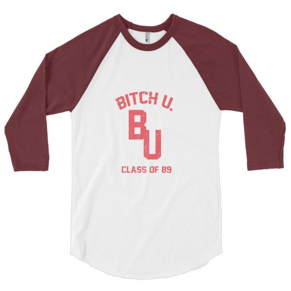 Classic "Bitch U. Class of 89'" Vintage 3/4 Sleeve Raglan Baseball Tee Shirt (Unisex) -  - White/Truffle / XS - srce threads - 11