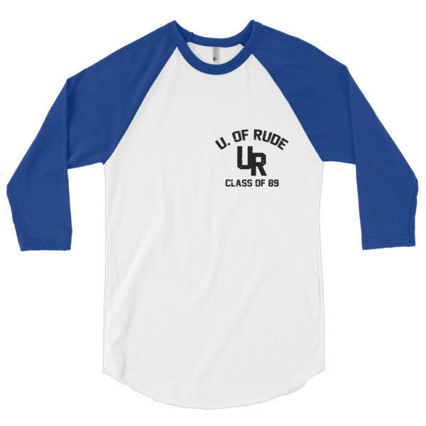 "Rude U." Black Vintage College Summer 3/4 Sleeve Raglan Baseball Tee Shirt (Unisex) -  - White/Lapis / XS - srce threads - 7