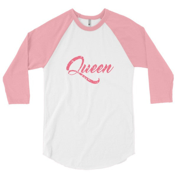 "Queen" Peach Vintage Calligraphy 3/4 Raglan Baseball Tee Shirt (Unisex) -  - White/Neon Heather Pink / XS - srce threads - 9
