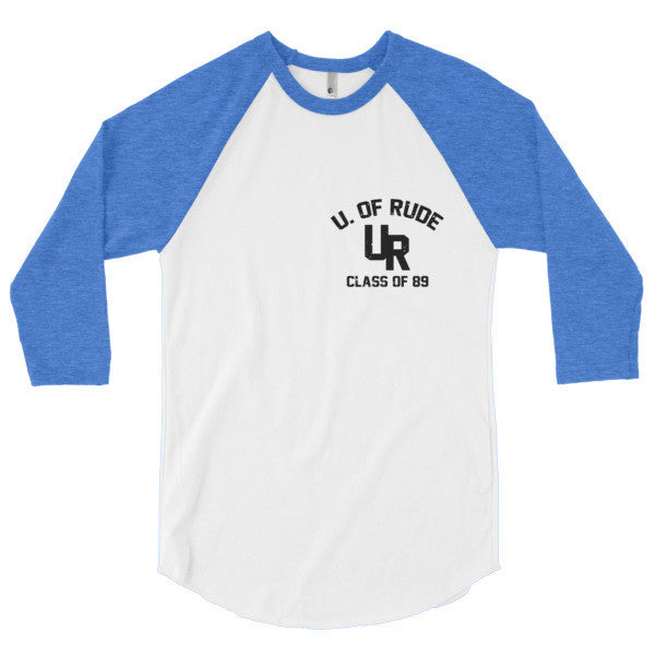 "Rude U." Black Vintage College Summer 3/4 Sleeve Raglan Baseball Tee Shirt (Unisex) -  - White/Heather Lake Blue / XS - srce threads - 6