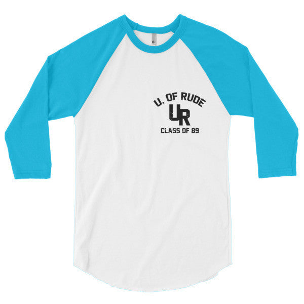 "Rude U." Black Vintage College Summer 3/4 Sleeve Raglan Baseball Tee Shirt (Unisex) -  - White/Neon Heather Blue / XS - srce threads - 9