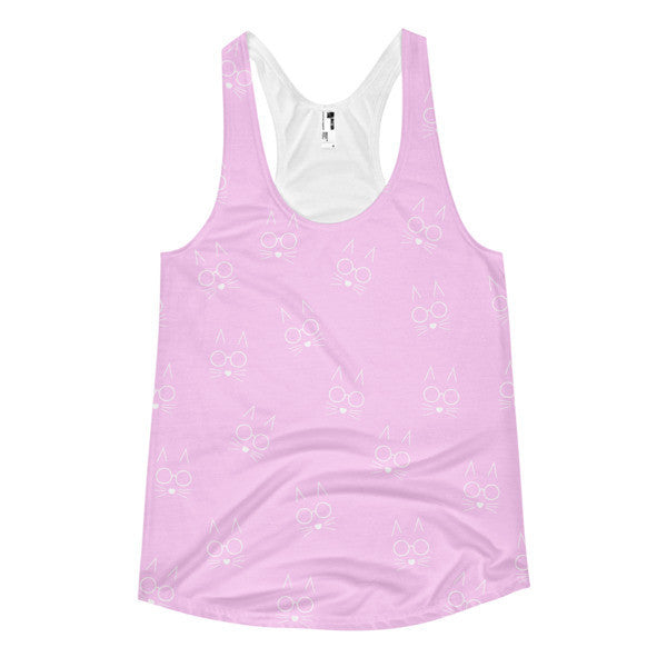 Women's Pop Neon Pink White Green Cat Whiskers Summer Racerback Tank Top -  - XS - srce threads - 1