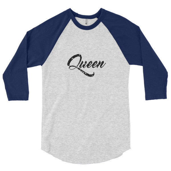 "Queen" Black Vintage Calligraphy 3/4 Raglan Baseball Tee Shirt (Unisex) -  - Heather Grey/Navy / XS - srce threads - 18