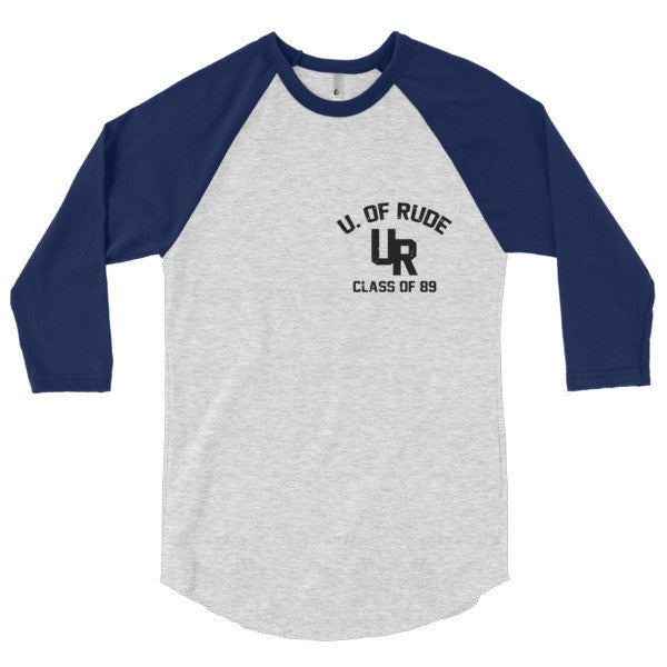 "Rude U." Black Vintage College Summer 3/4 Sleeve Raglan Baseball Tee Shirt (Unisex) -  - Heather Grey/Navy / XS - srce threads - 18
