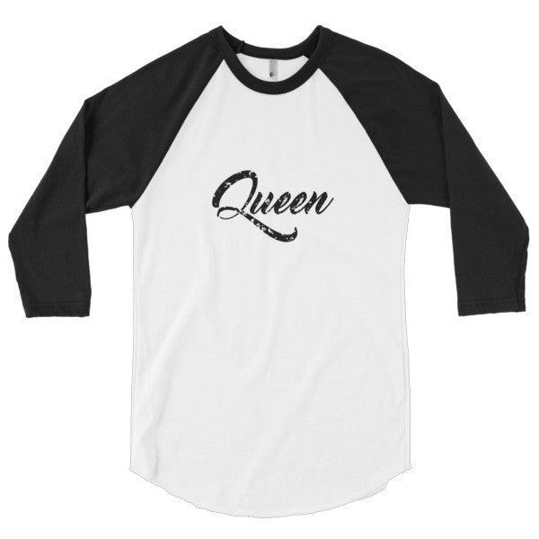 "Queen" Black Vintage Calligraphy 3/4 Raglan Baseball Tee Shirt (Unisex) -  - White/Black / XS - srce threads - 2